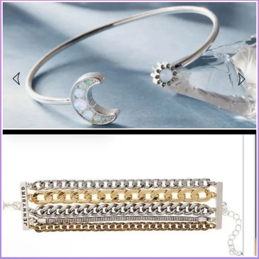 Jenny Bird gold silver chain bracelet Alex & Ani silver Moon + Sun Flex Cuff